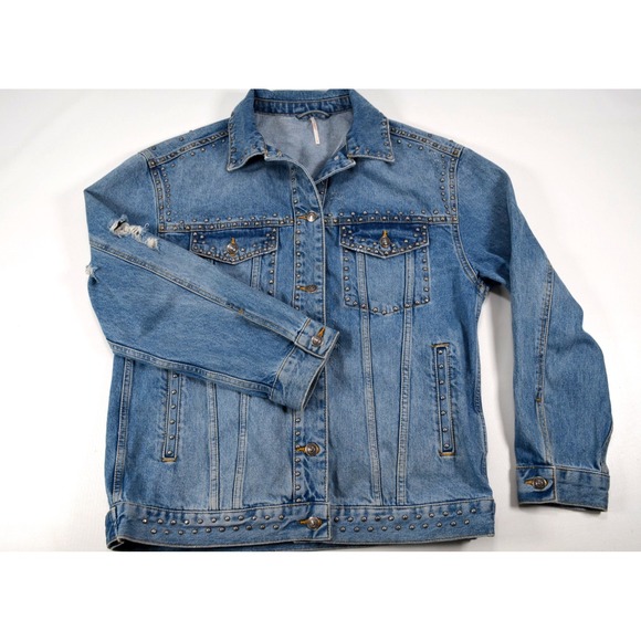 FREE PEOPLE Studded Original Denim Jean Distressed B/F Trucker Jacket Womens S‎ - Picture 5 of 16